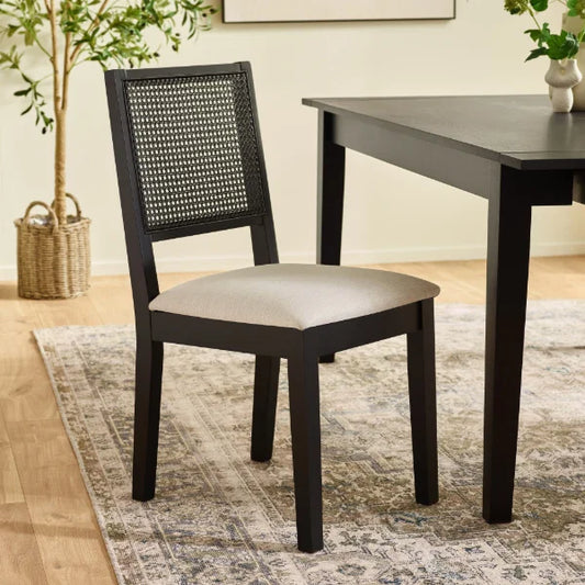 Knoxley Set of 2 Rattan Back Chairs – Black Oak – Fabric Seats (Pre-order – May)