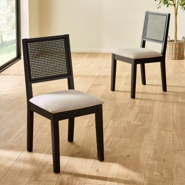 Knoxley Set of 2 Rattan Back Chairs – Black Oak – Fabric Seats (Pre-order – May)