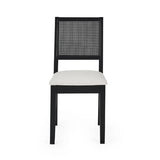 Julian Bowen Knoxley set of 2 black oak rattan back dining chairs with fabric seats in a modern dining setting