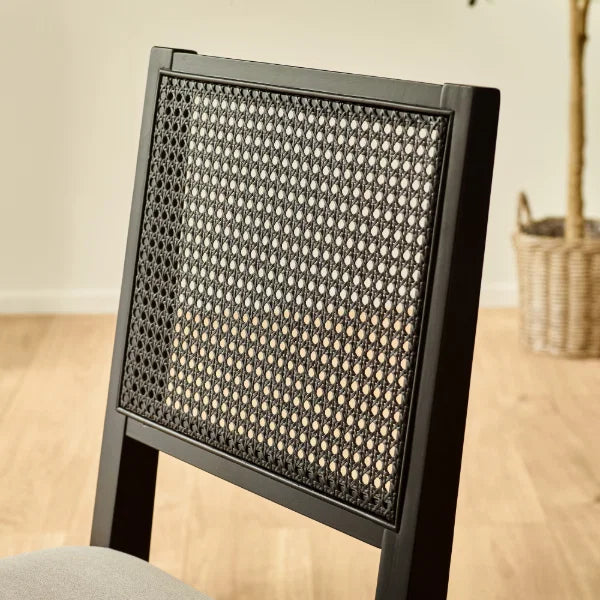 Knoxley Set of 2 Rattan Back Chairs – Black Oak – Fabric Seats (Pre-order – May)