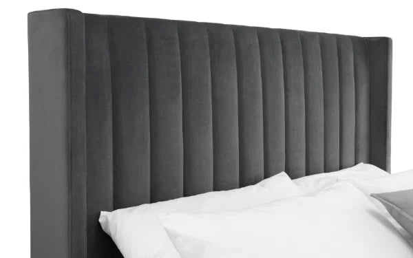 Langham Scalloped Headboard Storage Bed – Grey – Ottoman Base with Elegant Scalloped Design