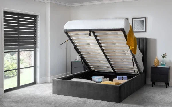 Langham Scalloped Headboard Storage Bed – Grey – Ottoman Base with Elegant Scalloped Design