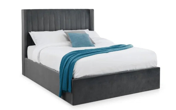 Langham Scalloped Headboard Storage Bed – Grey – Ottoman Base with Elegant Scalloped Design