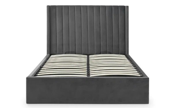 Langham Scalloped Headboard Storage Bed – Grey – Ottoman Base with Elegant Scalloped Design