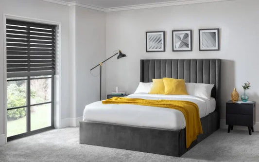 Langham Scalloped Headboard Storage Bed – Grey – Ottoman Base with Elegant Scalloped Design