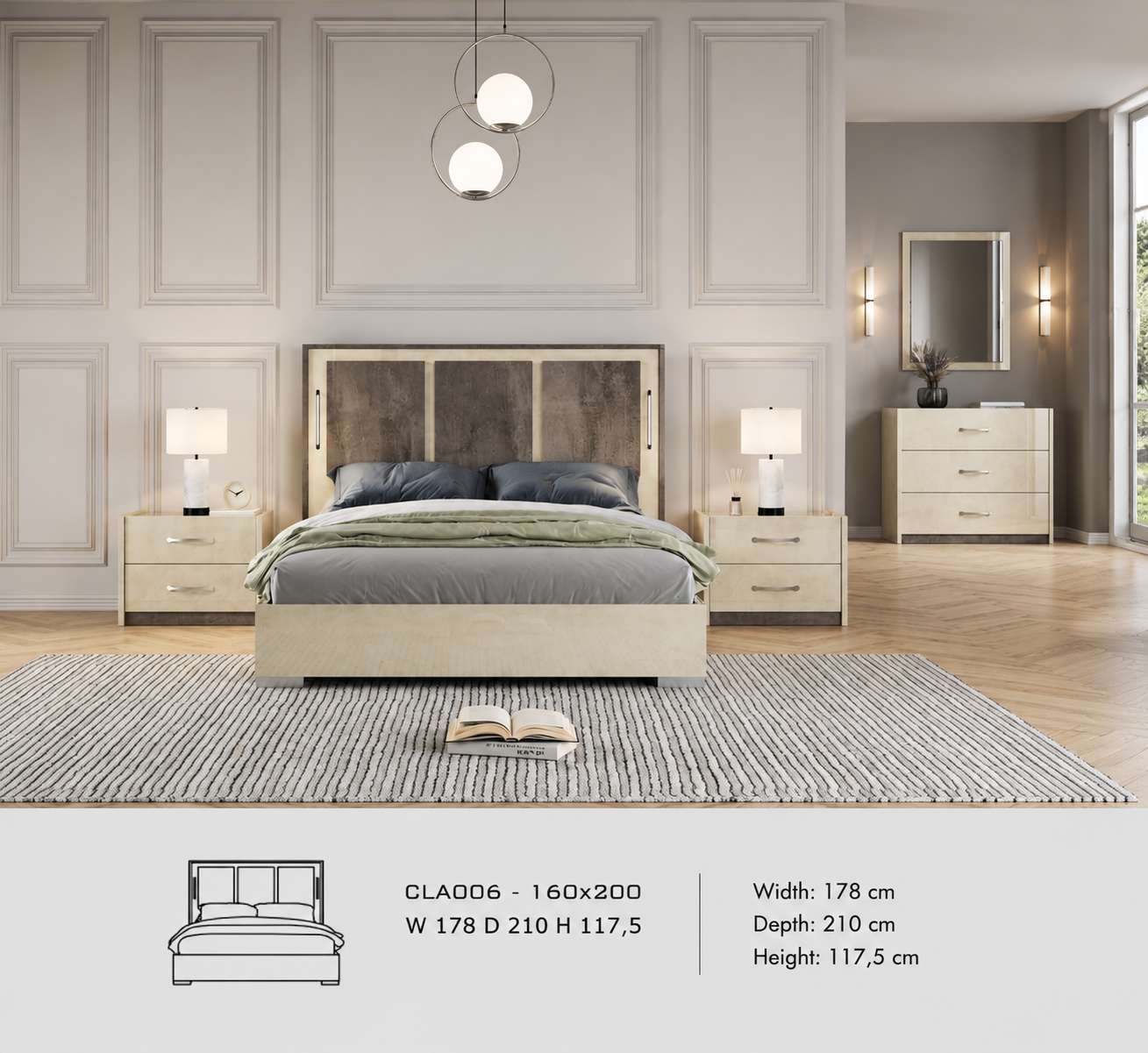 LED bed – Italian design, 160x200 cm, high gloss finish with modern headboard