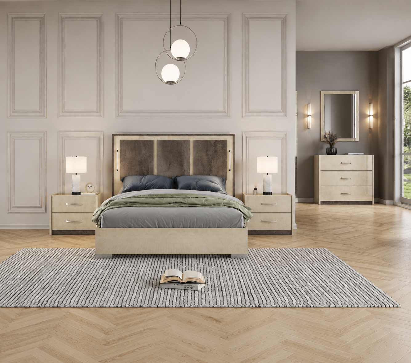 LED bed – Italian design, 160x200 cm, high gloss finish with modern headboard