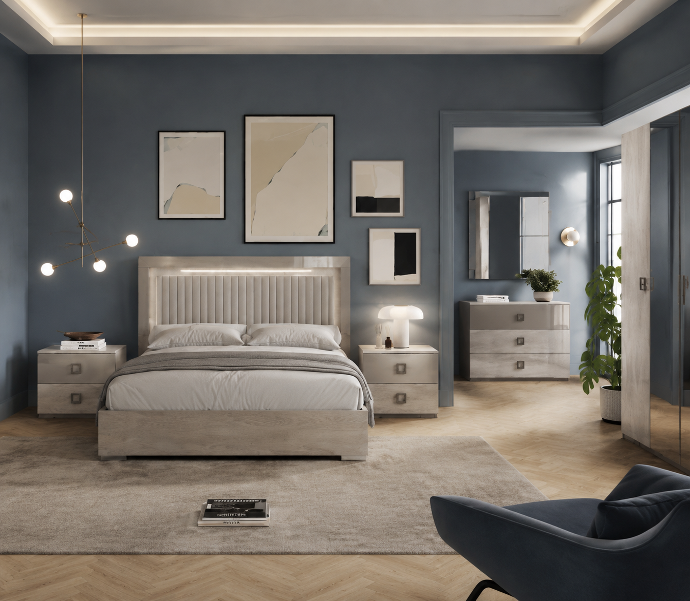 LED double bed – Italian design, 140x190 cm, modern headboard with LED lighting for elegant bedrooms