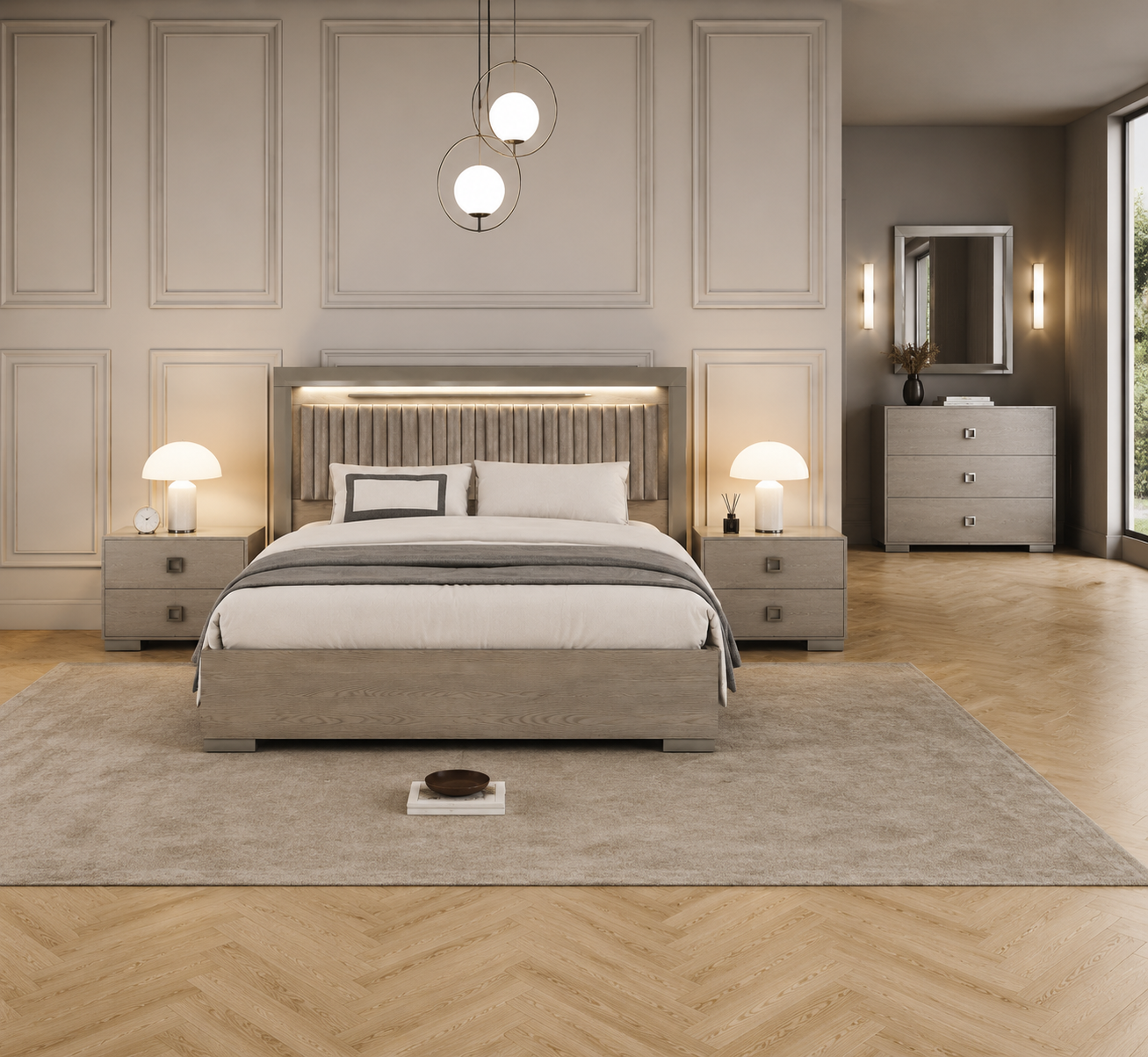 LED king bed – Italian design, 154x203 cm, modern headboard with LED lighting for elegant bedrooms

