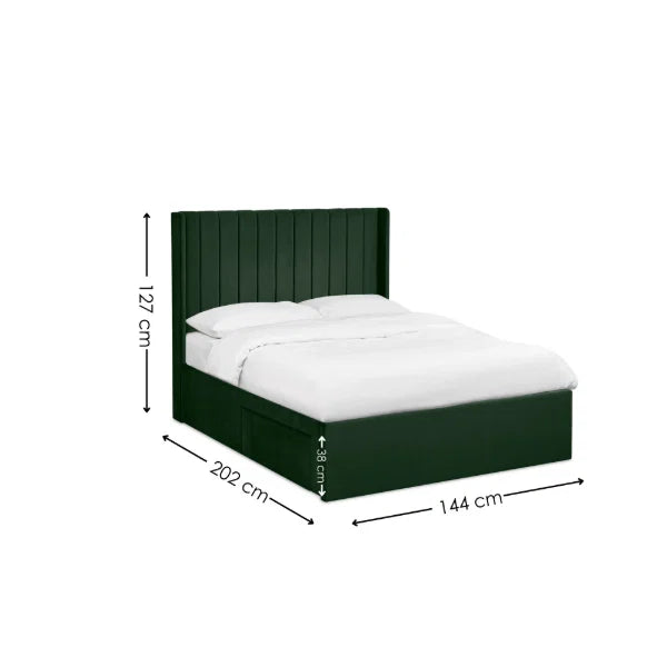 Leila bottle green double bed with vertical panelled headboard in a modern bedroom setting