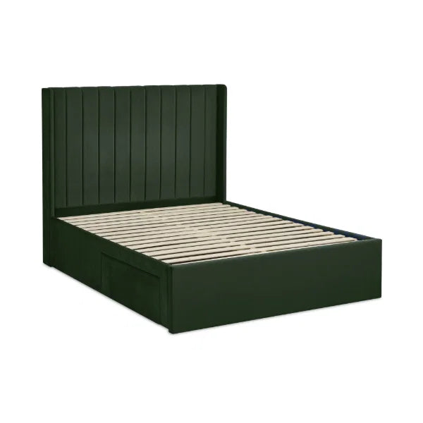 Leila bottle green double bed with vertical panelled headboard in a modern bedroom setting