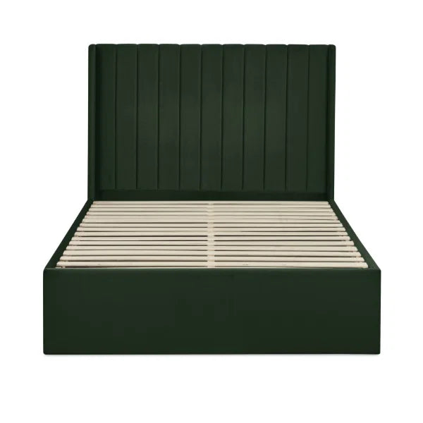 Leila bottle green double bed with vertical panelled headboard in a modern bedroom setting