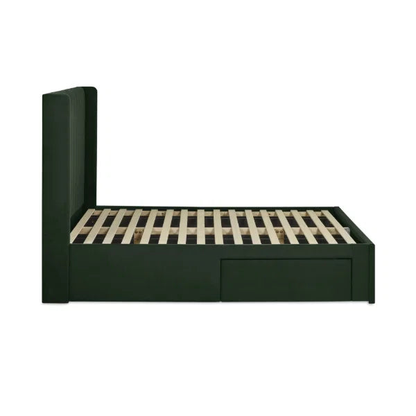 Leila bottle green double bed with vertical panelled headboard in a modern bedroom setting