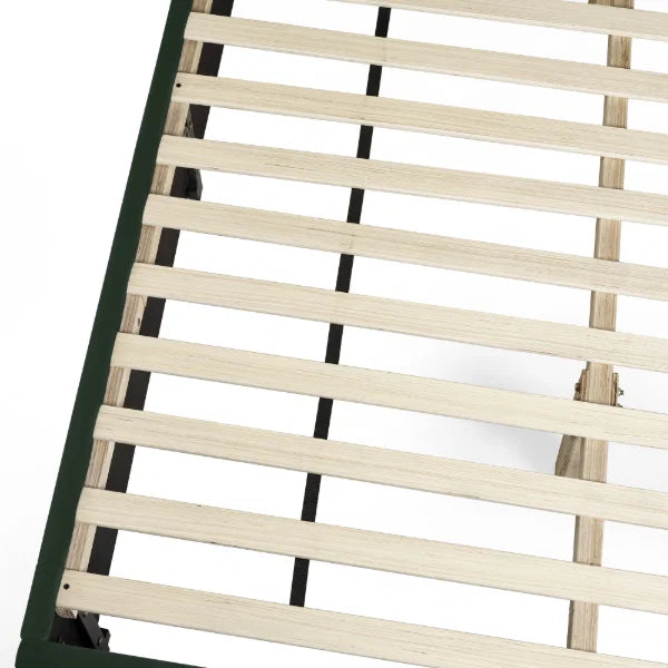 Leila bottle green double bed with vertical panelled headboard in a modern bedroom setting