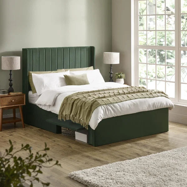 Leila bottle green king bed with vertical panelled headboard in a modern bedroom setting