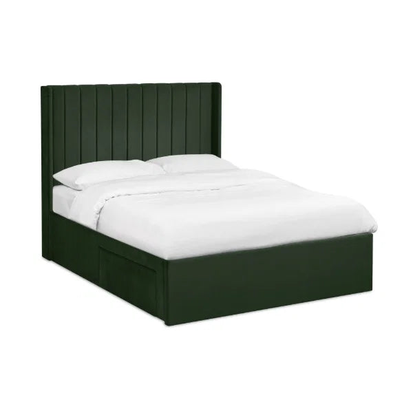 Leila bottle green king bed with vertical panelled headboard in a modern bedroom setting