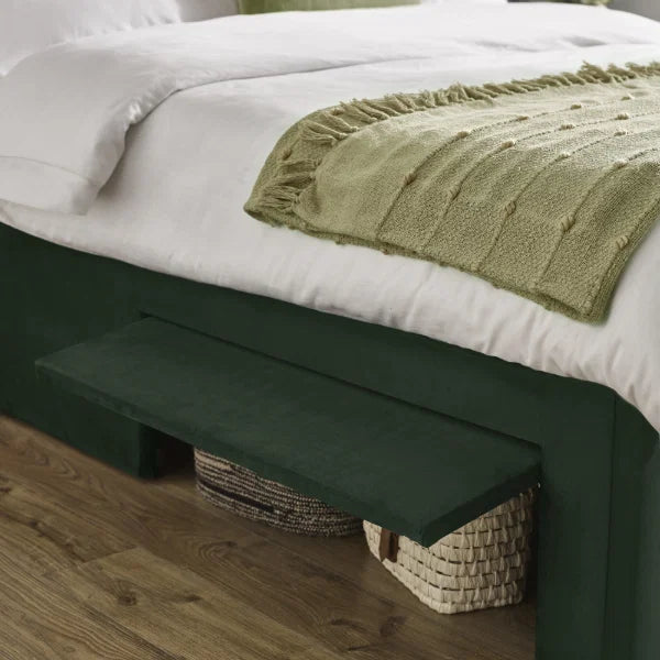 Leila bottle green king bed with vertical panelled headboard in a modern bedroom setting