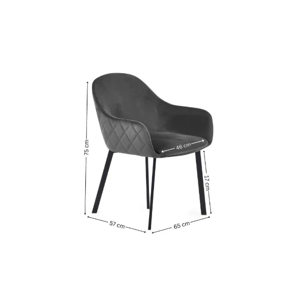 Lima set of 2 grey velvet dining chairs with diamond stitching in a modern dining room setting