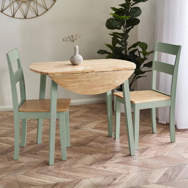 Linwood sage green and natural oak drop leaf table in a compact kitchen setting