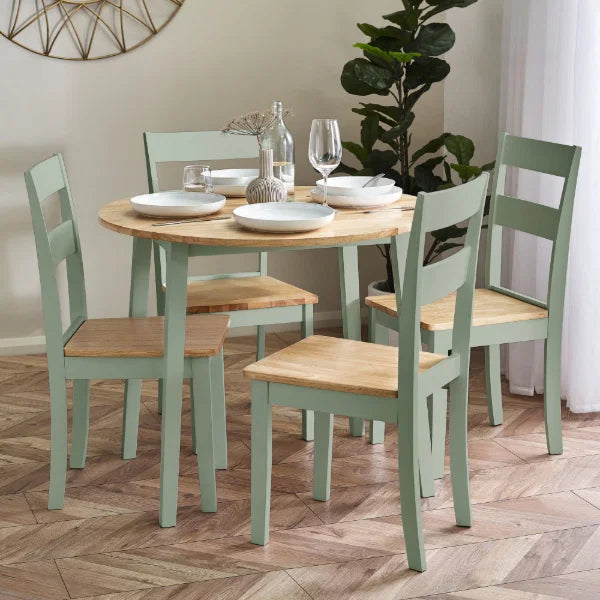 Linwood sage green and natural oak drop leaf table in a compact kitchen setting