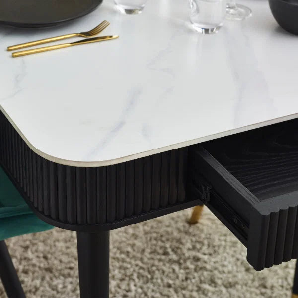 Louis Black Fluted Stone Top Dining Table – Luxury Marble Effect with Gold Accents, Seats 4-6