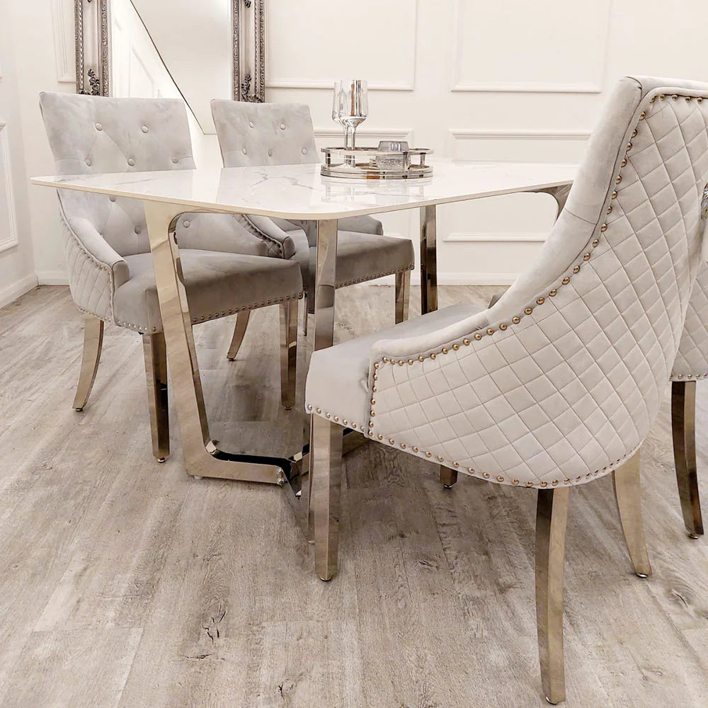 Furnish365 Lucien chrome dining table with polar white sintered stone top in a contemporary dining room setting