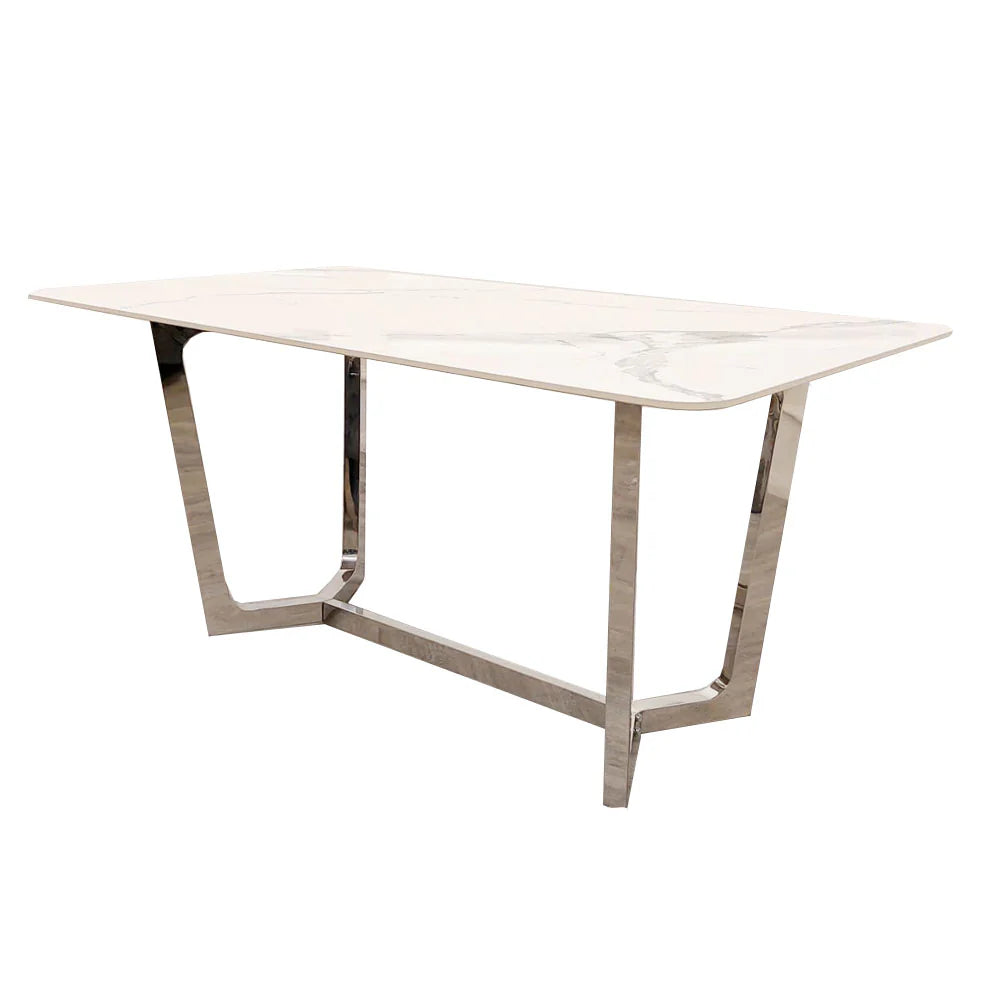 Furnish365 Lucien chrome dining table with polar white sintered stone top in a contemporary dining room setting