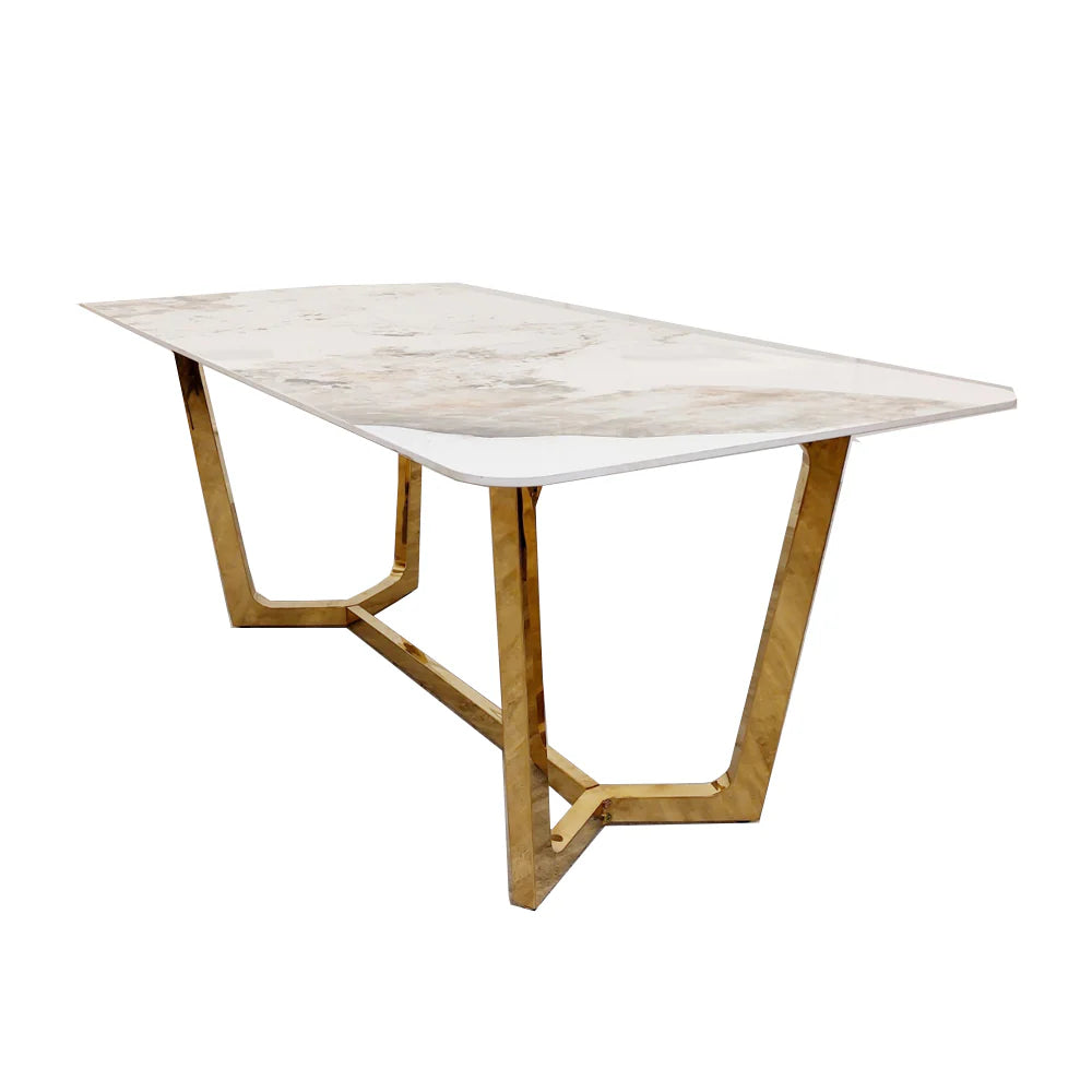 Furnish365 Lucien chrome dining table with polar white sintered stone top in a contemporary dining room setting