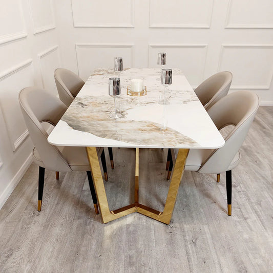 Furnish365 Lucien chrome dining table with polar white sintered stone top in a contemporary dining room setting