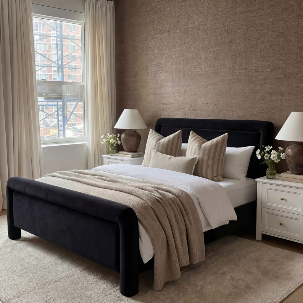 LPD Furniture Leonnie black upholstered king size bed in a modern bedroom setting