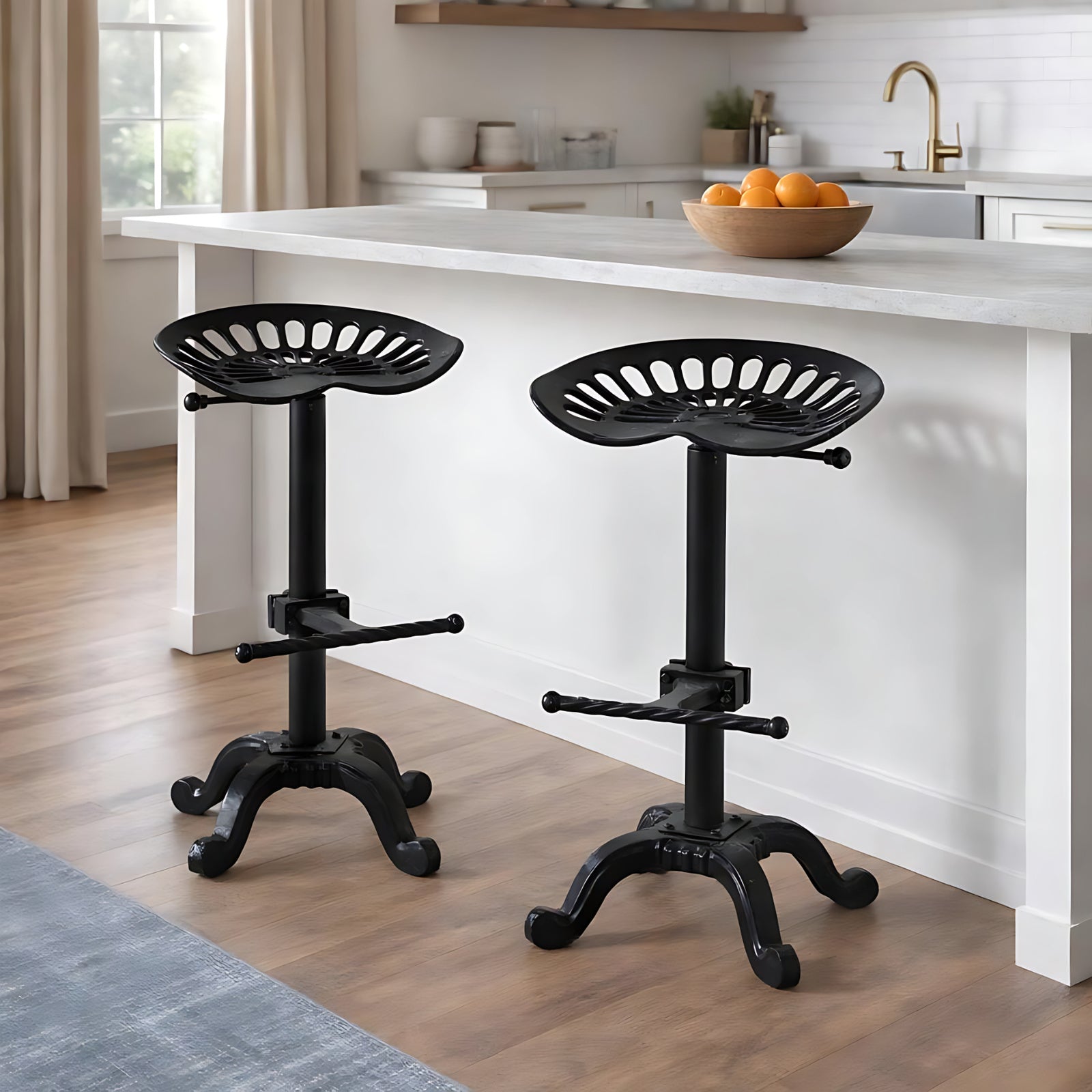 	Lifestyle view of Hill Interiors adjustable tractor seat stool in a stylish industrial bar setting