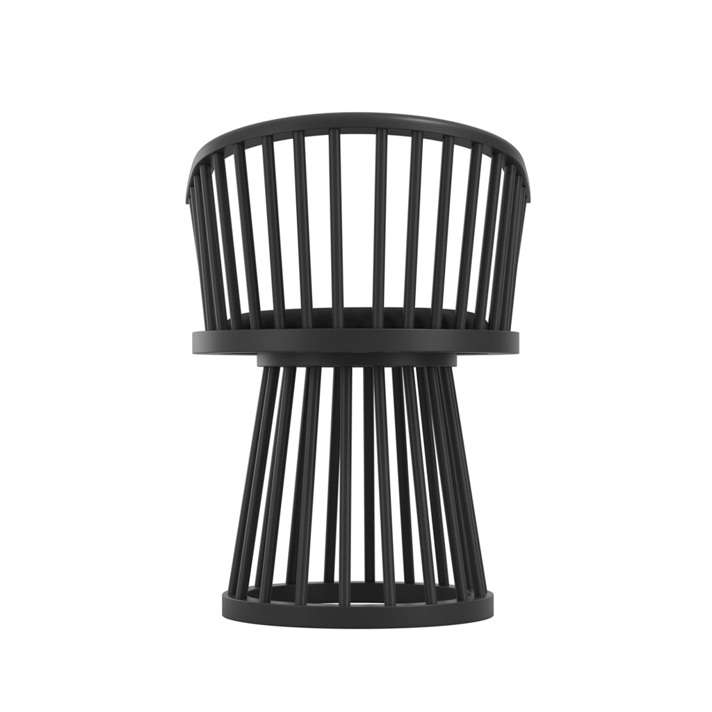LPD Furniture Lina black velvet dining chair with curved spindle back and black satin wood frame in a modern dining setting