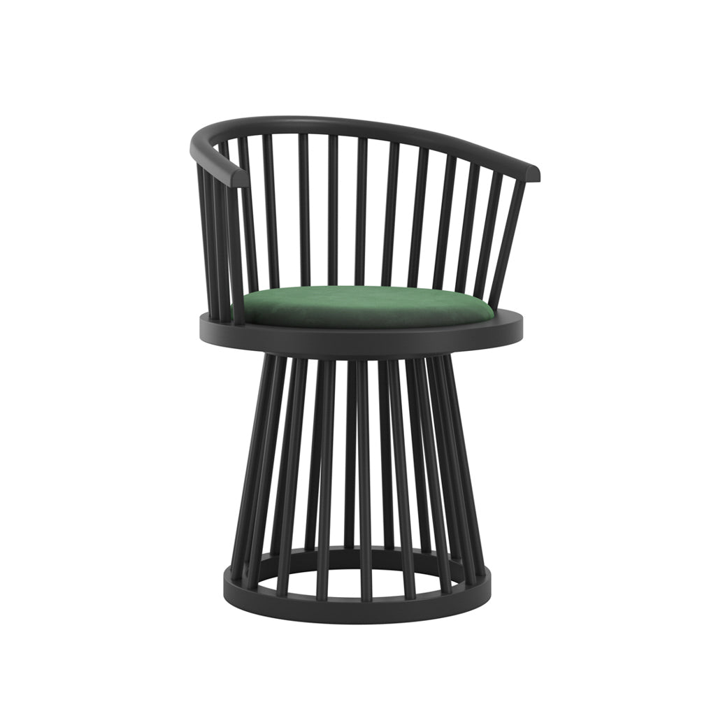 LPD Furniture Lina forest green velvet dining chair with curved spindle back and black satin wood frame in a modern dining setting