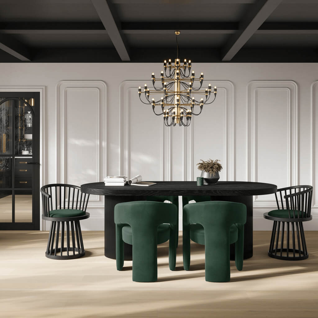 LPD Furniture Lina forest green velvet dining chair with curved spindle back and black satin wood frame in a modern dining setting