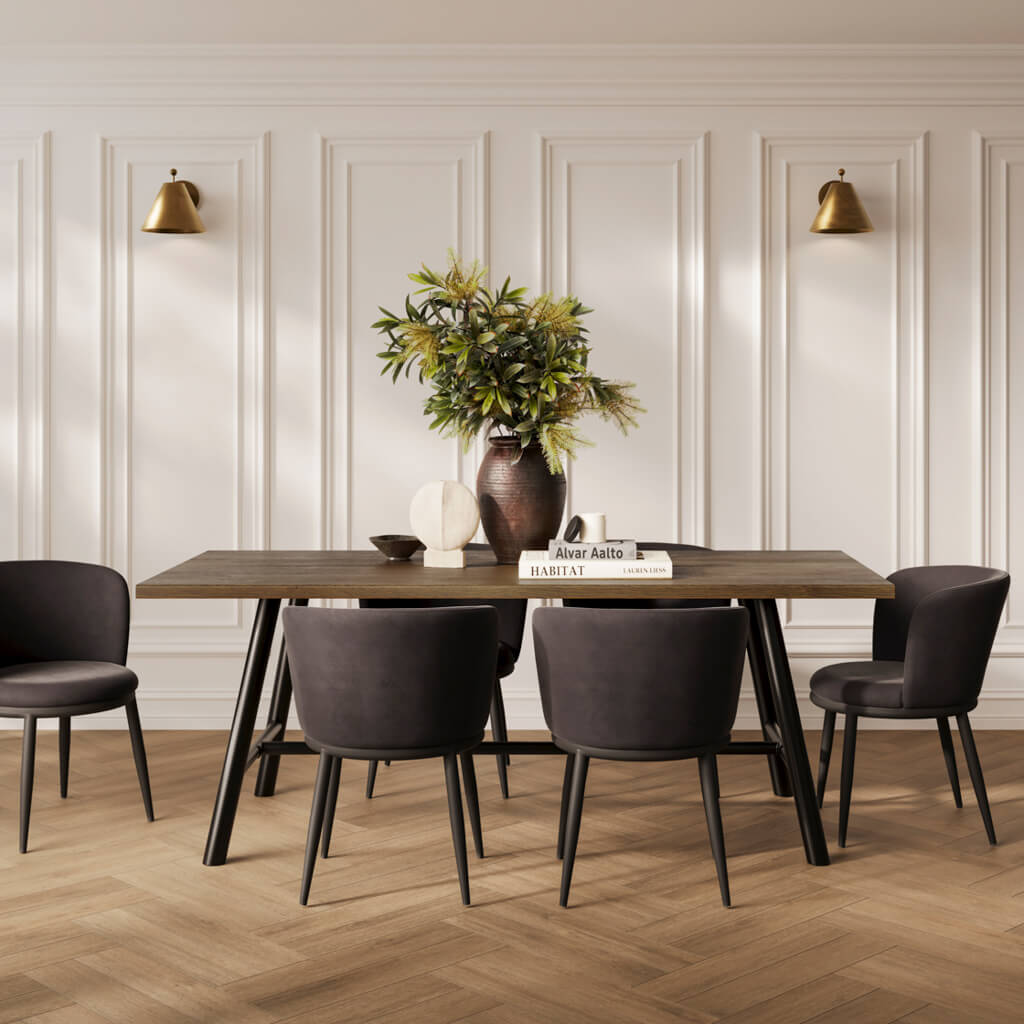LPD Furniture Louie coffee wood-effect dining table with black frame and silver detailing in a modern dining setting