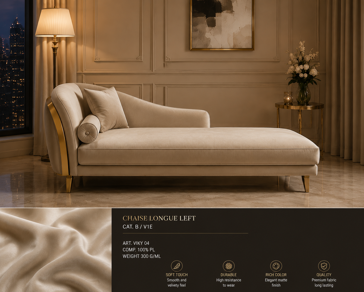 Luxury chaise lounge – left orientation, Italian design, Cat. B upgraded velvet fabric for elegant living rooms