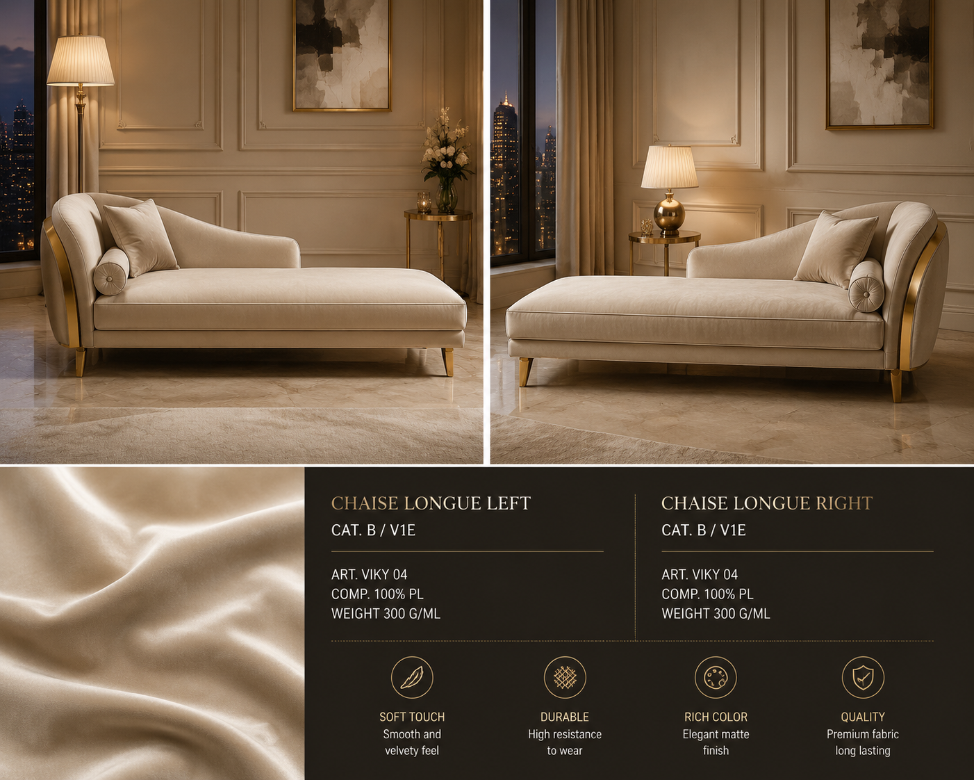Luxury chaise lounge – [left/right] orientation, front view, Italian design