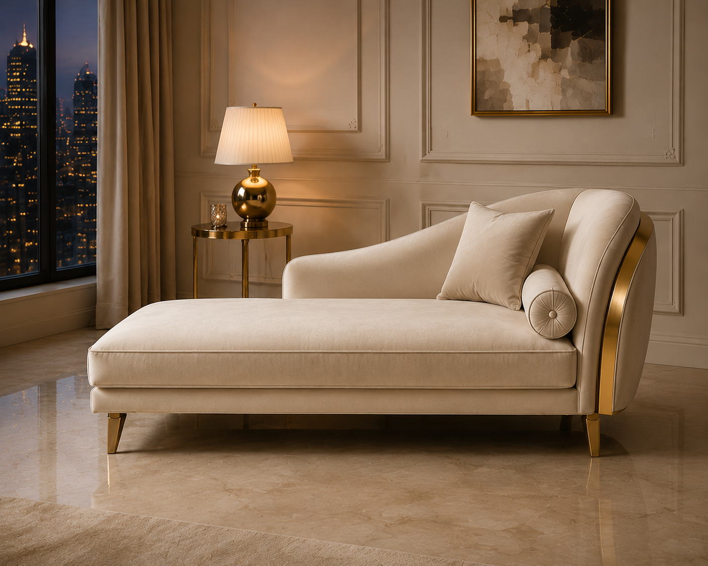 Luxury chaise lounge – right orientation, Italian design, Cat. B upgraded velvet fabric for elegant living rooms
