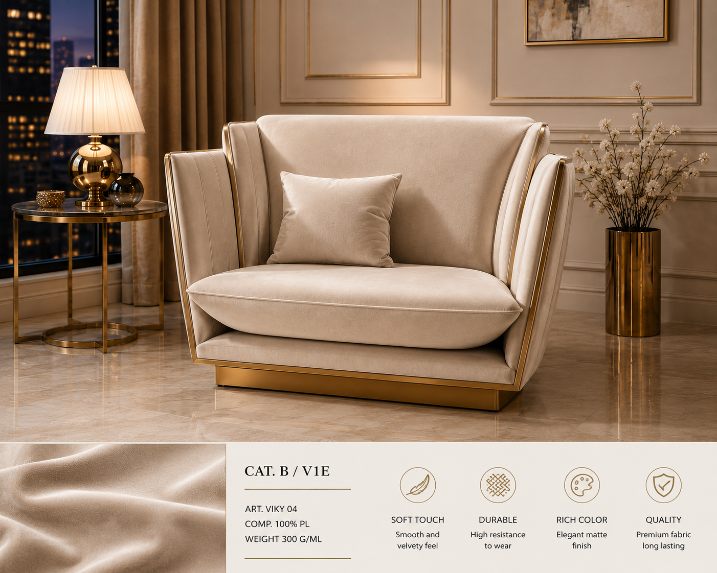 Luxury velvet armchair – Italian design, Cat. B upgraded fabric, elegant comfort for living rooms