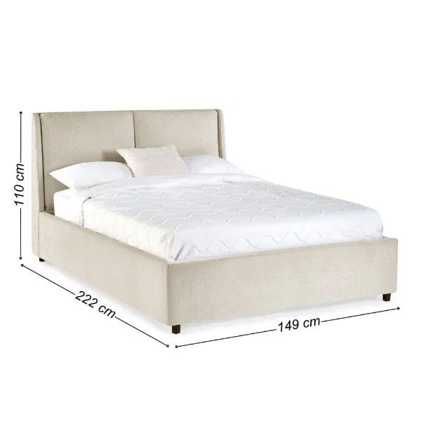 Maddock beige ottoman storage bed with split-panel headboard in a modern bedroom setting