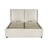 Maddock beige ottoman storage bed with split-panel headboard in a modern bedroom setting