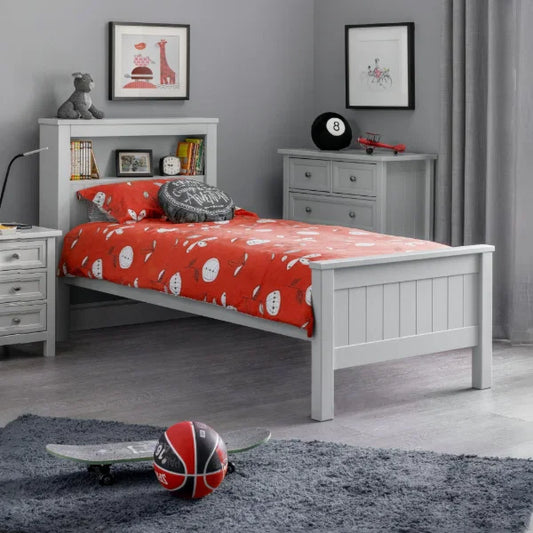 Maine Bookcase Bed 90cm – Dove Grey – Single Size with Built-in Storage