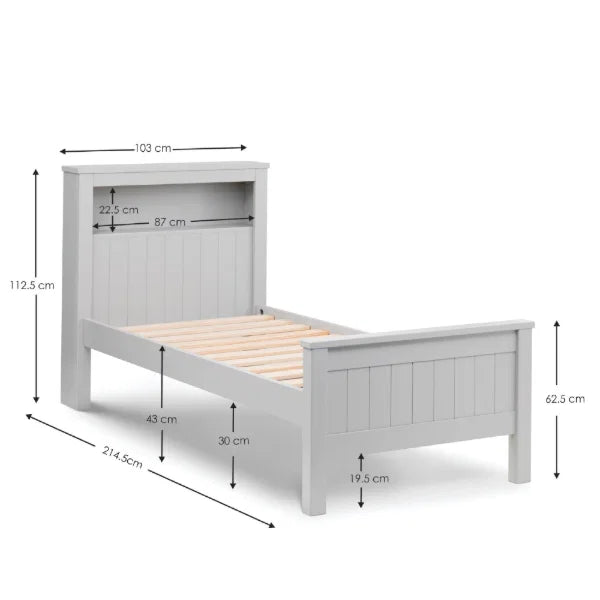 Maine Bookcase Bed 90cm – Dove Grey – Single Size with Built-in Storage