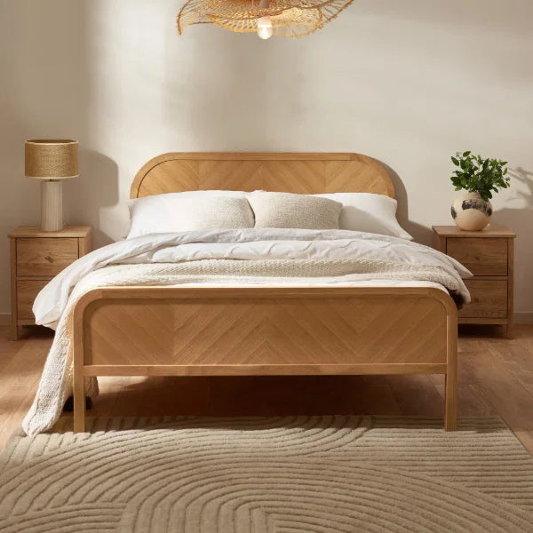 Milo chevron oak king bed with statement chevron headboard in a modern bedroom setting