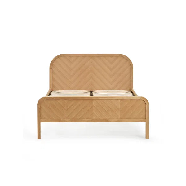 Milo chevron oak king bed with statement chevron headboard in a modern bedroom setting