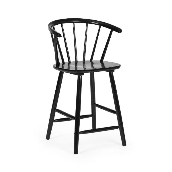 Modena black solid wood bar stool with curved spindle back in a modern kitchen setting