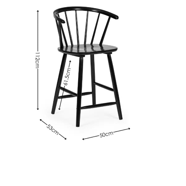 Modena black solid wood bar stool with curved spindle back in a modern kitchen setting