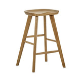 	Mulu natural oak bar stool with saddle seat in a modern kitchen setting