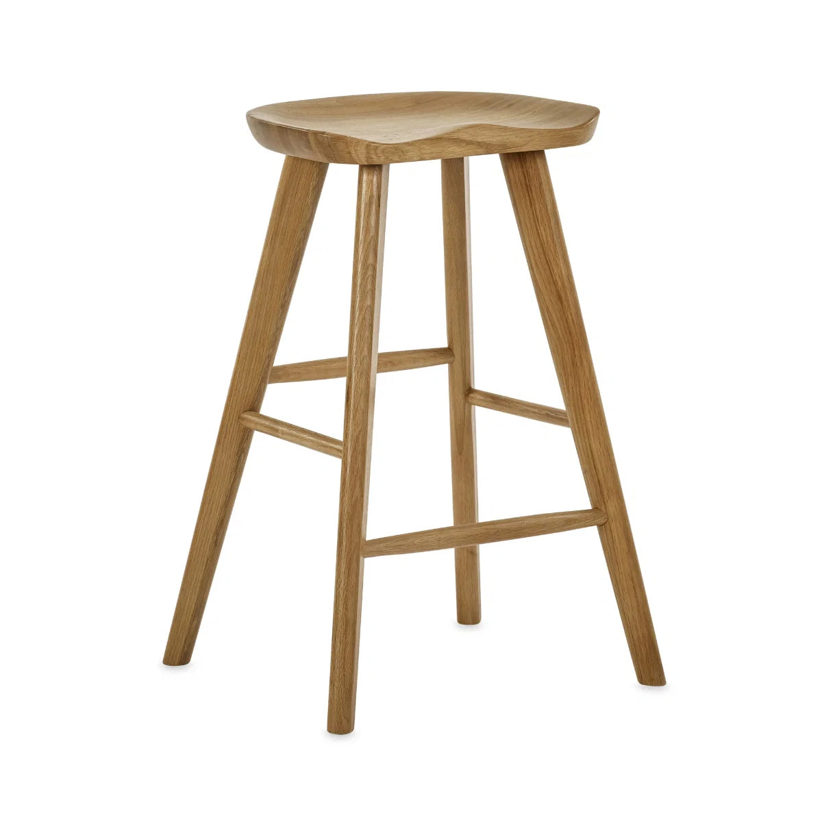 	Mulu natural oak bar stool with saddle seat in a modern kitchen setting