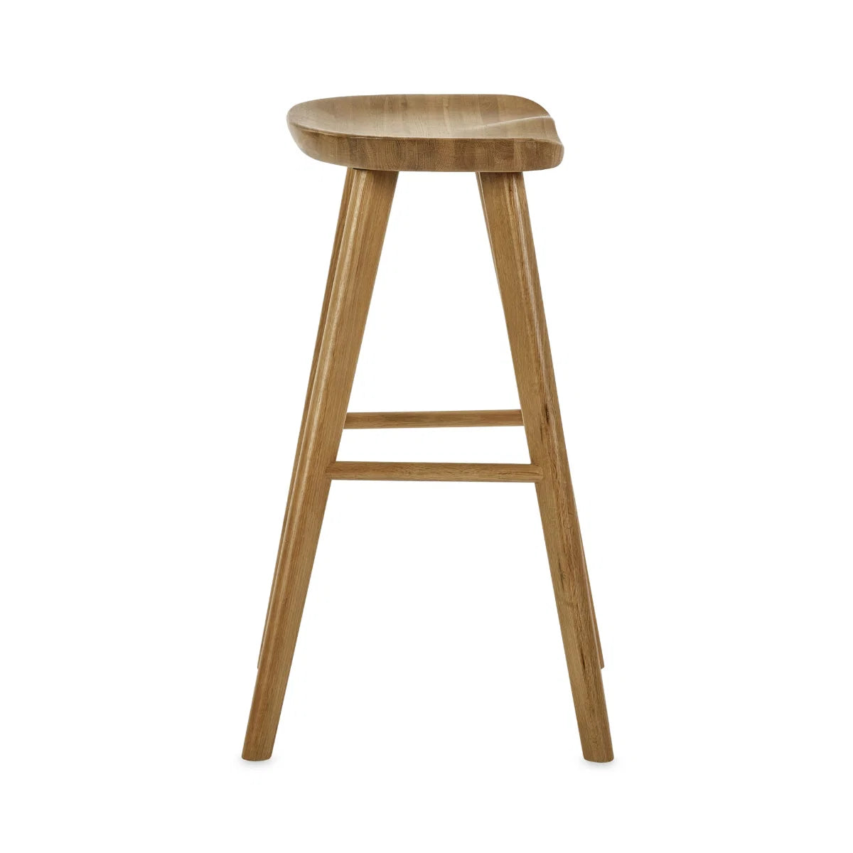 	Mulu natural oak bar stool with saddle seat in a modern kitchen setting